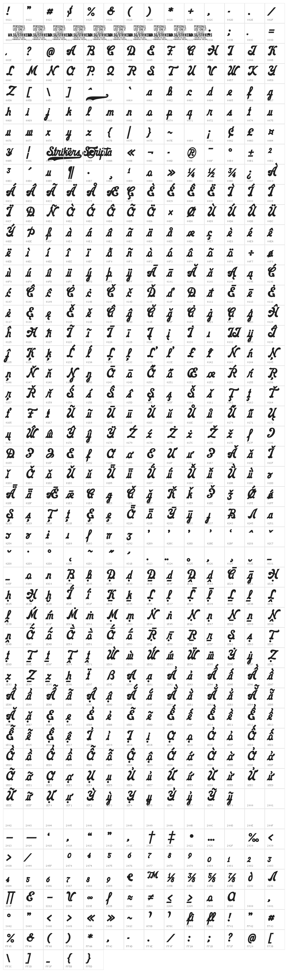Strikers Script Bold PERSONAL Regular Character Map