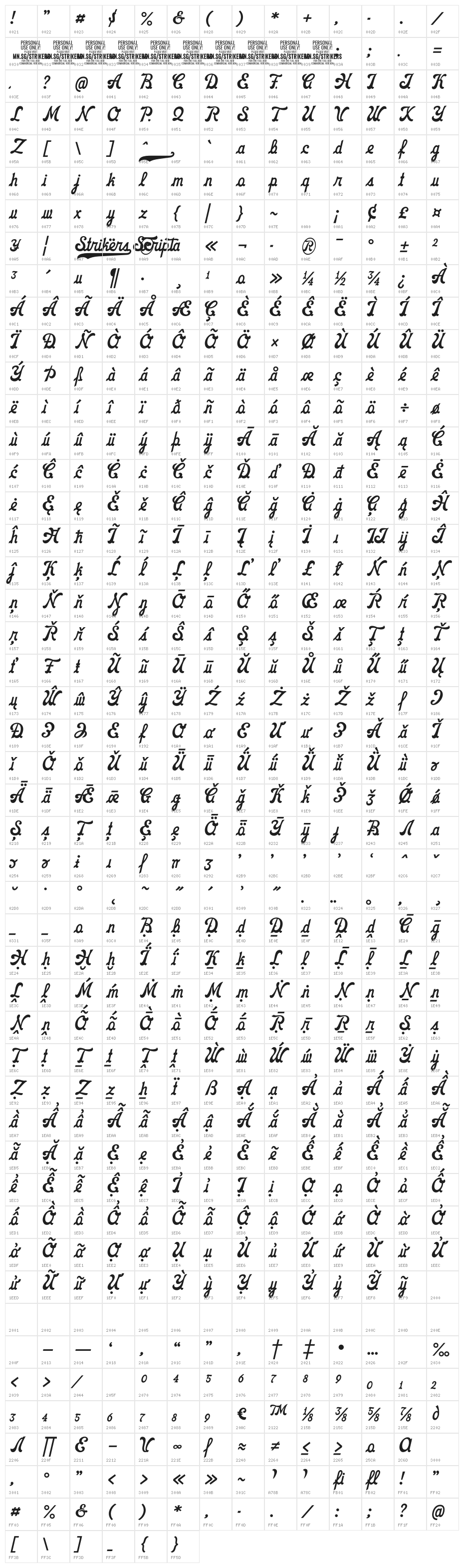 Strikers Script PERSONAL Regular Character Map