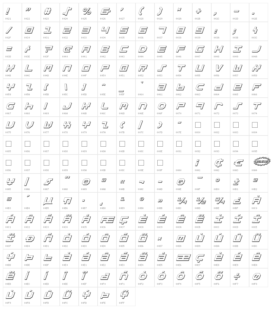 Stuntman Shadow Italic Character Map