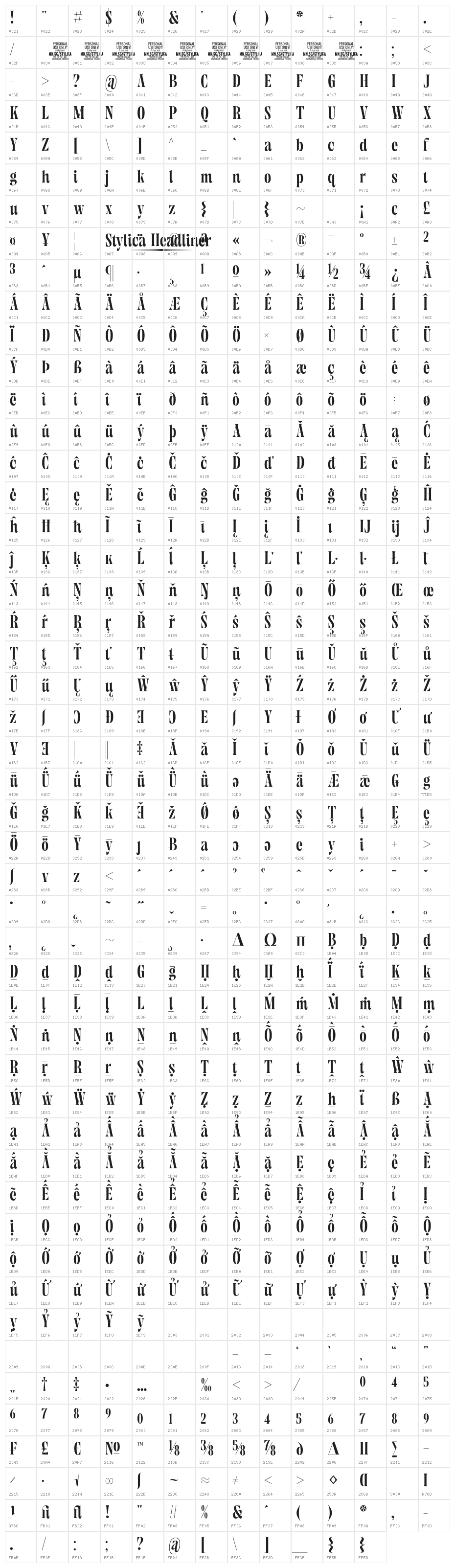 Stylica Headliner PERSONAL USE Regular Character Map