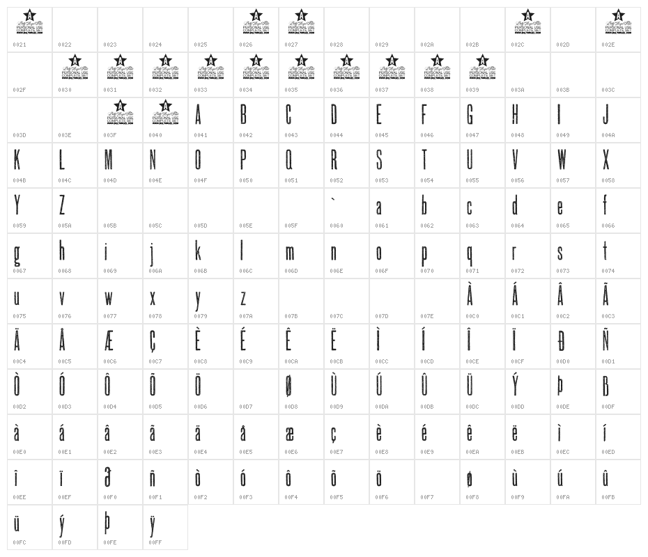 SUBURBIA PERSONAL USE Character Map
