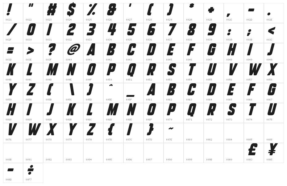 Subtle Curves Italic Character Map