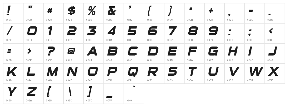 Sui Generis Bold Italic Character Map