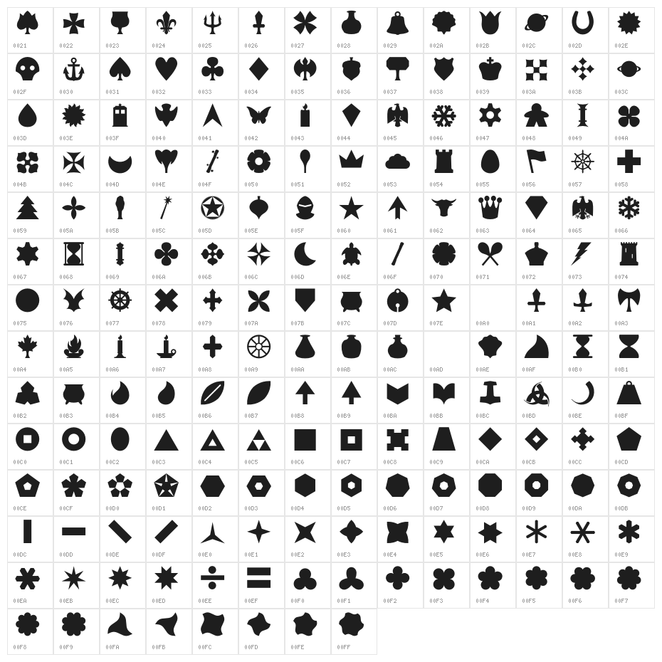 Suit Icons Regular Character Map