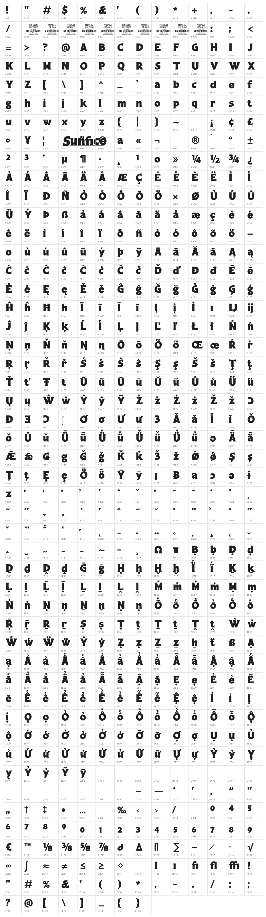 Sunfice PERSONAL USE ONLY Regular Character Map