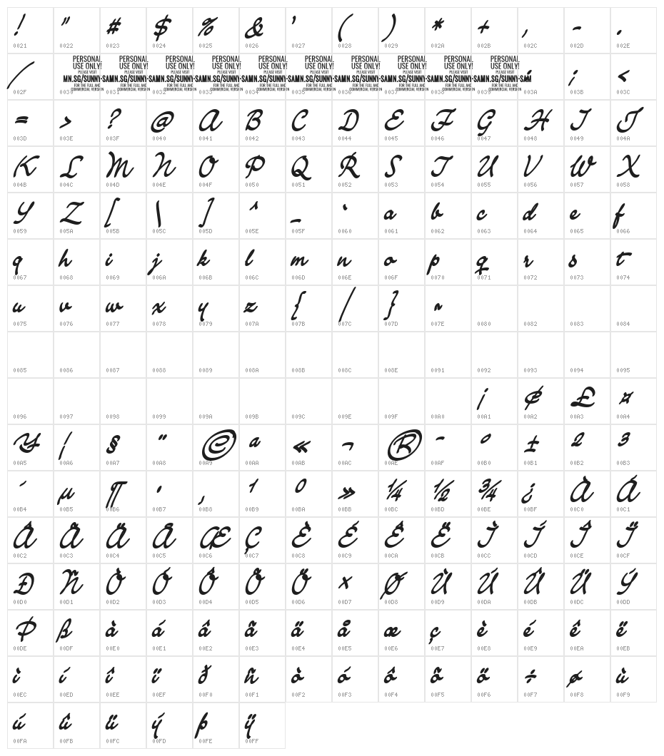SunnySamPERSONAL-Bold Character Map