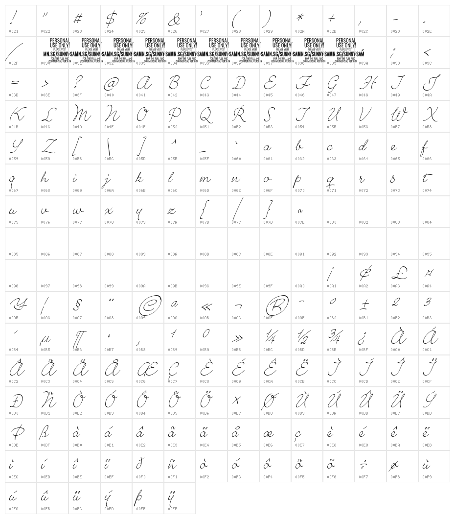 SunnySamPERSONAL-Thin Character Map