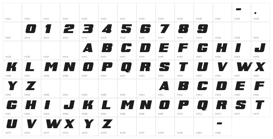 Super Retro M54 Italic Character Map