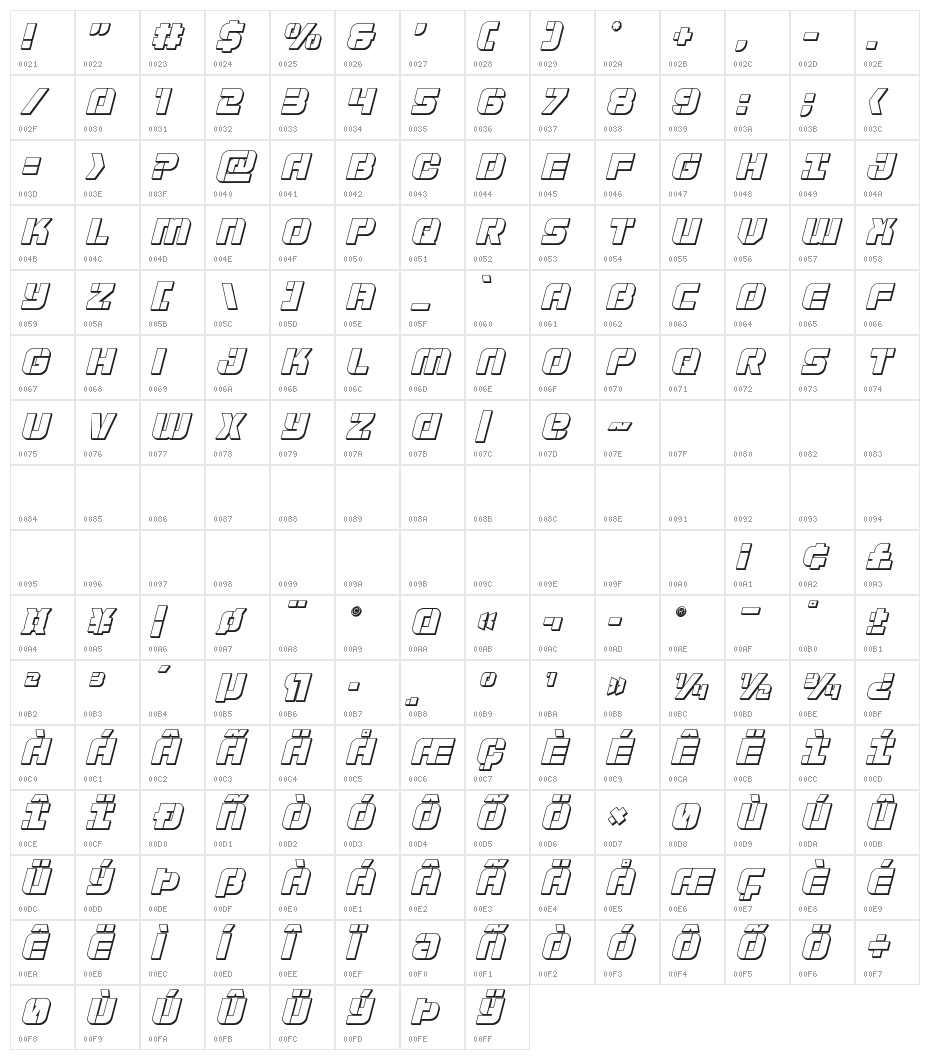 Super Submarine 3D Italic Character Map