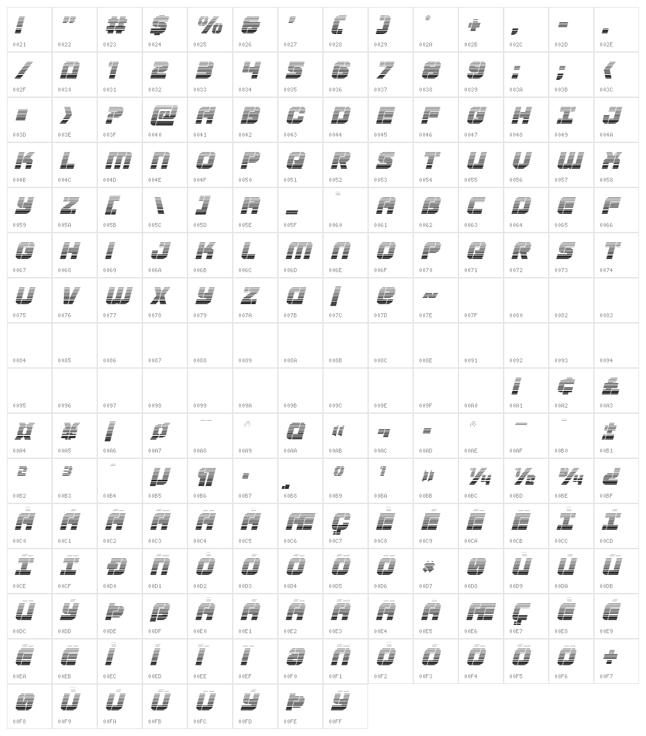 Super Submarine Gradient Italic Character Map