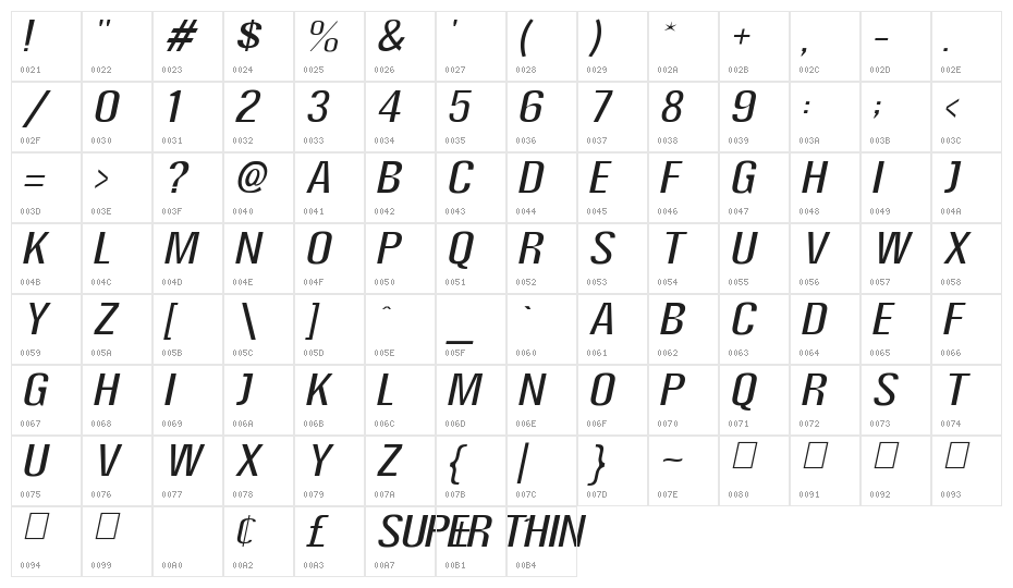 Super Thin Italic Character Map