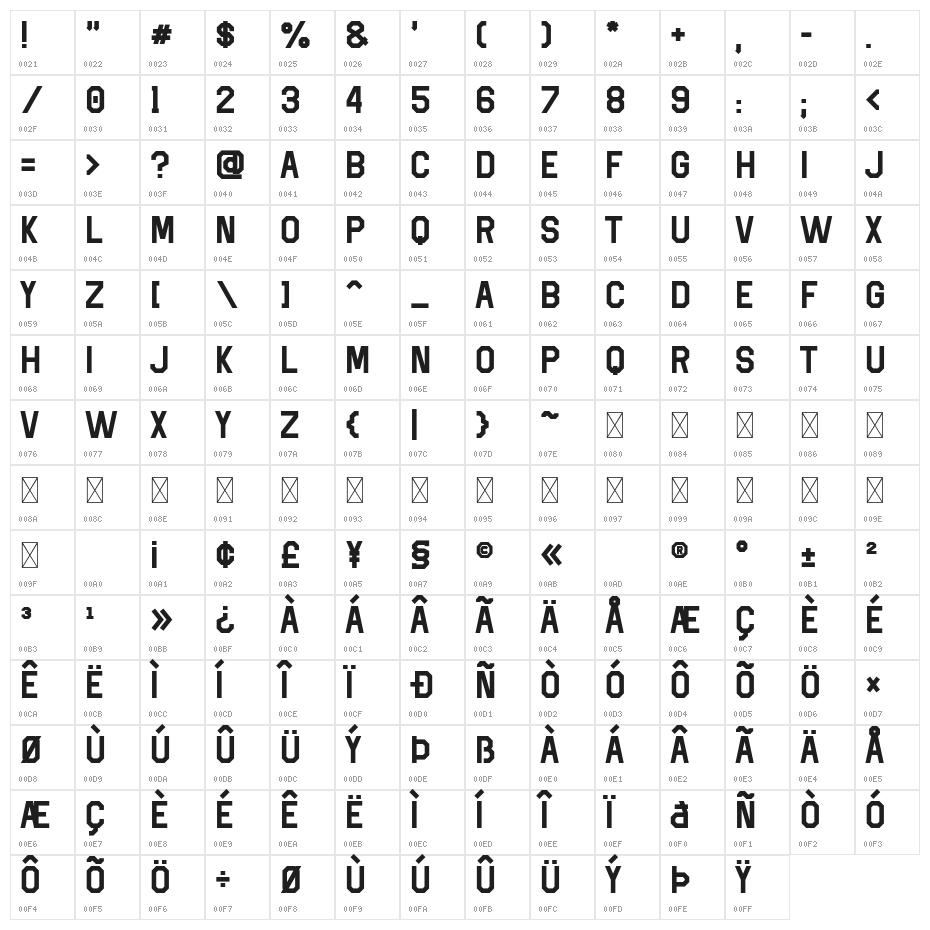 Super Touchdown Bold Character Map