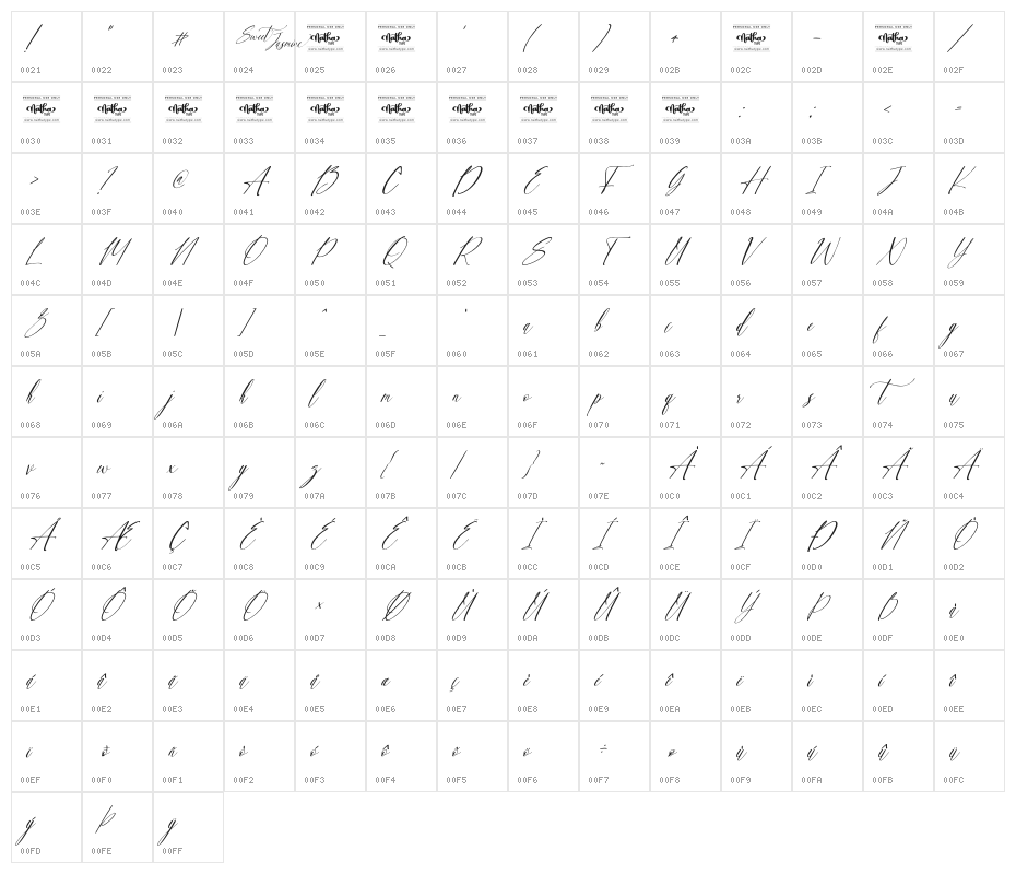 Sweet Jasmine Personal Use Character Map