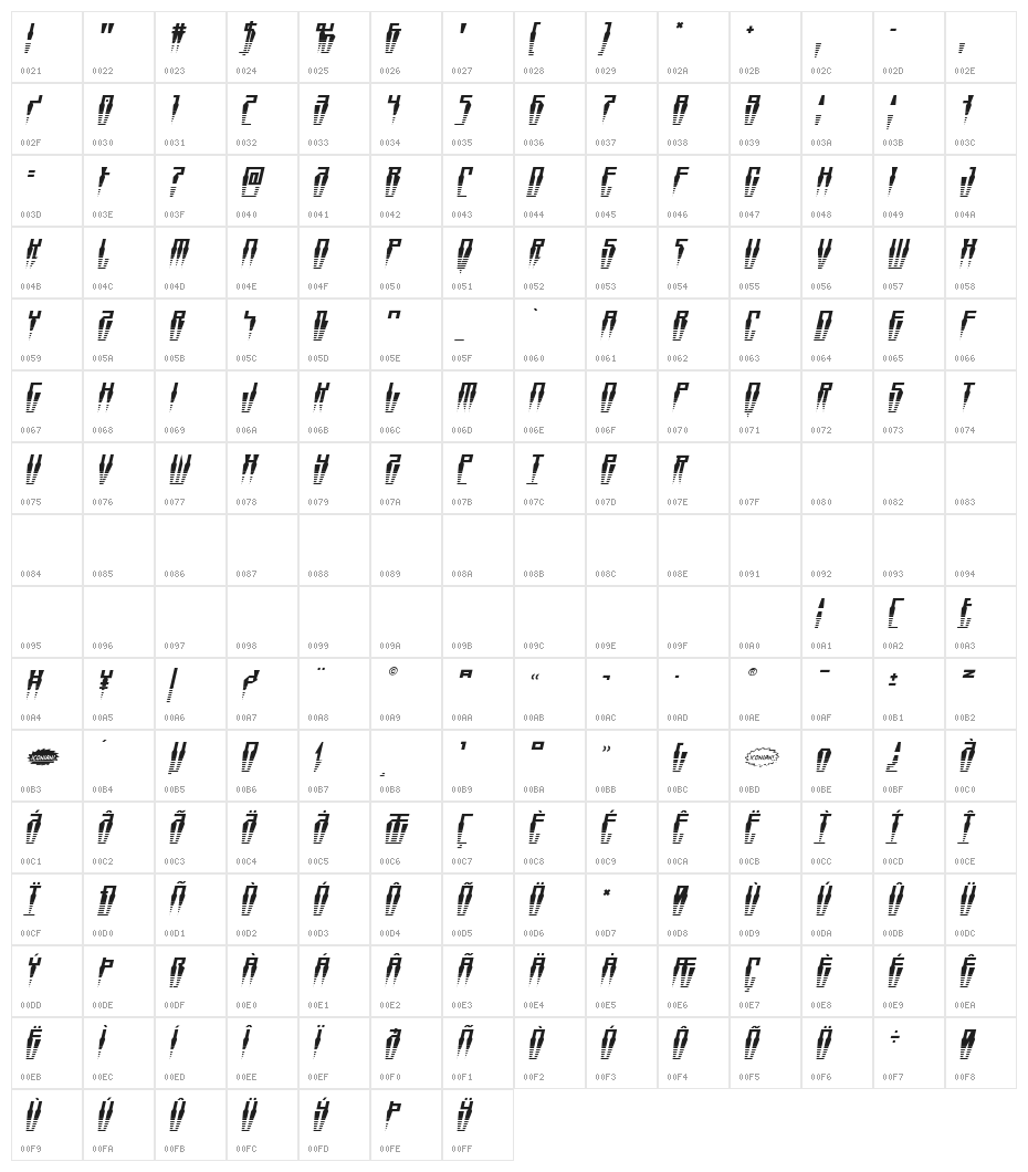 Swordtooth Halftone Italic Character Map