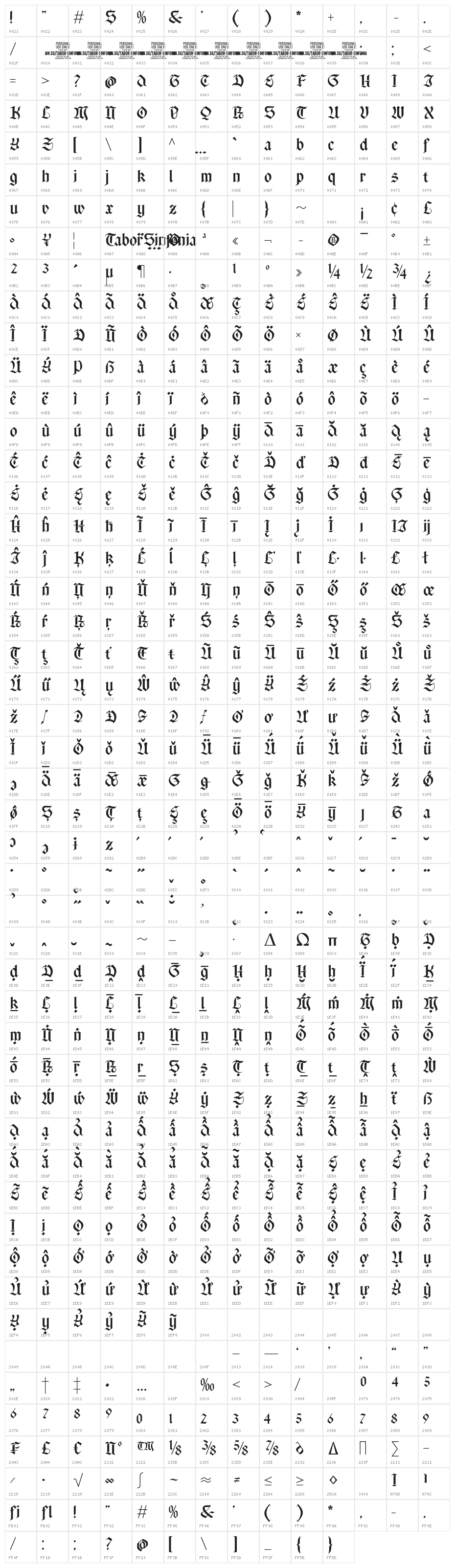 Tabor Sinfonia PERSONAL USE Regular Character Map