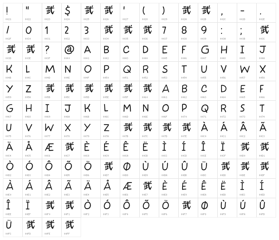 Takeshi Lite DEMO Regular Character Map