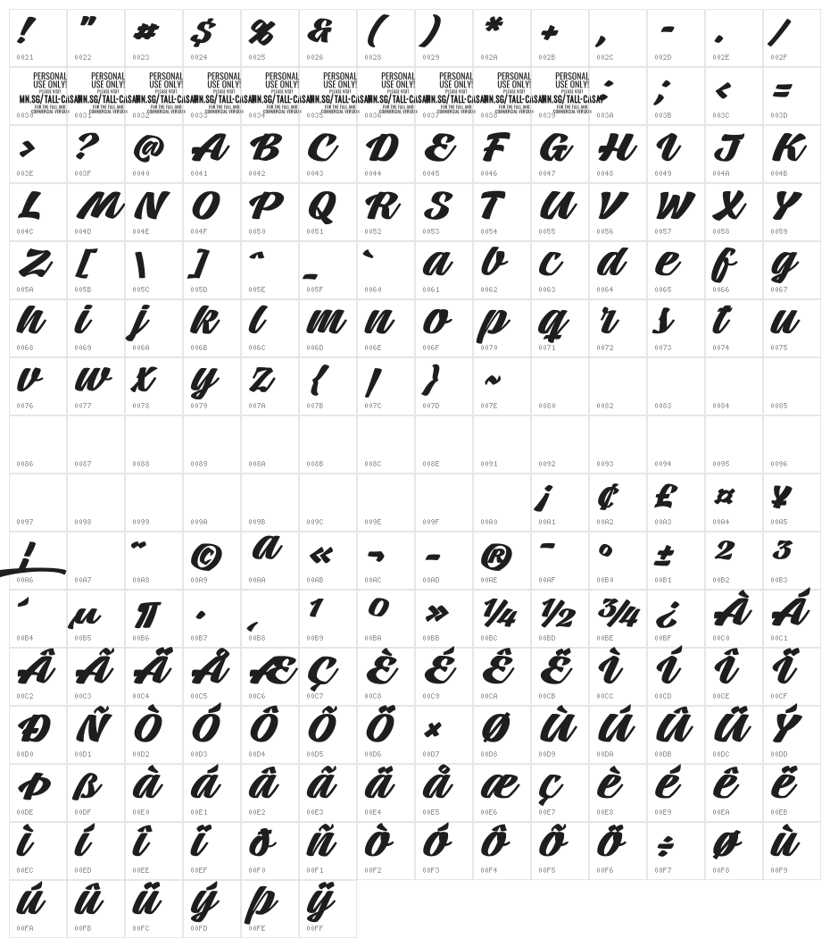 Tall Casat Bold PERSONAL USE Character Map