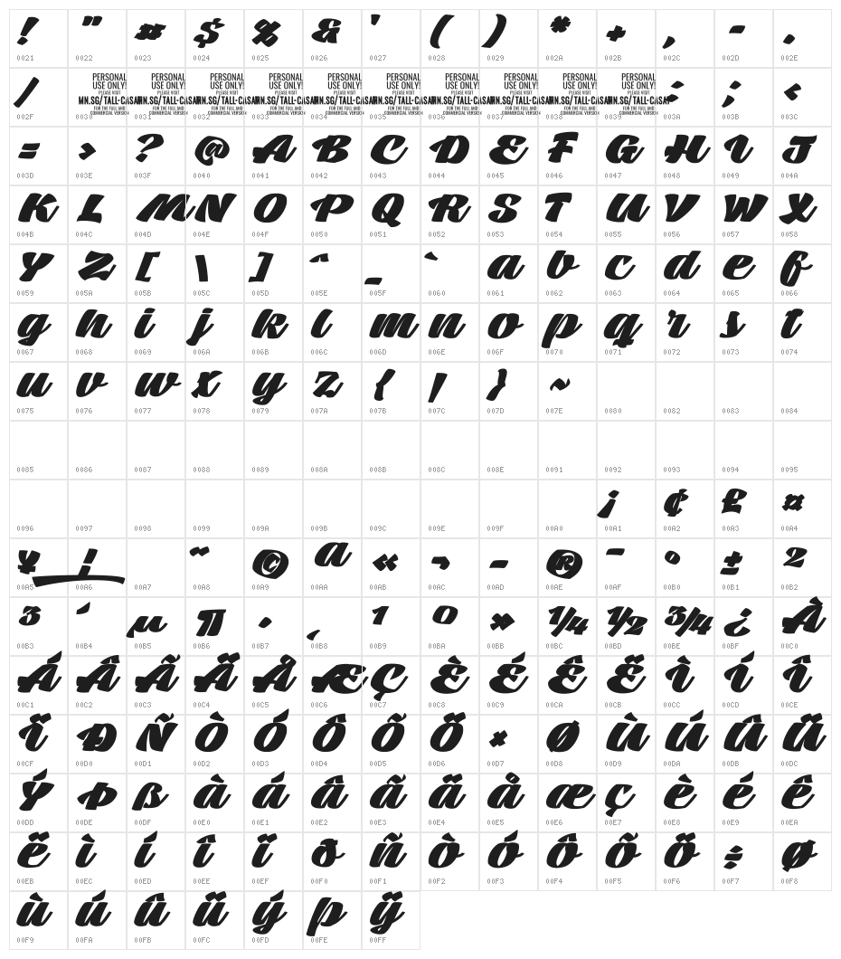 Tall Casat Fat PERSONAL USE Character Map