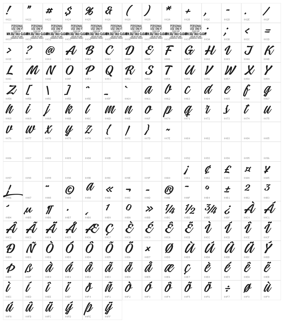Tall Casat Light PERSONAL USE Character Map