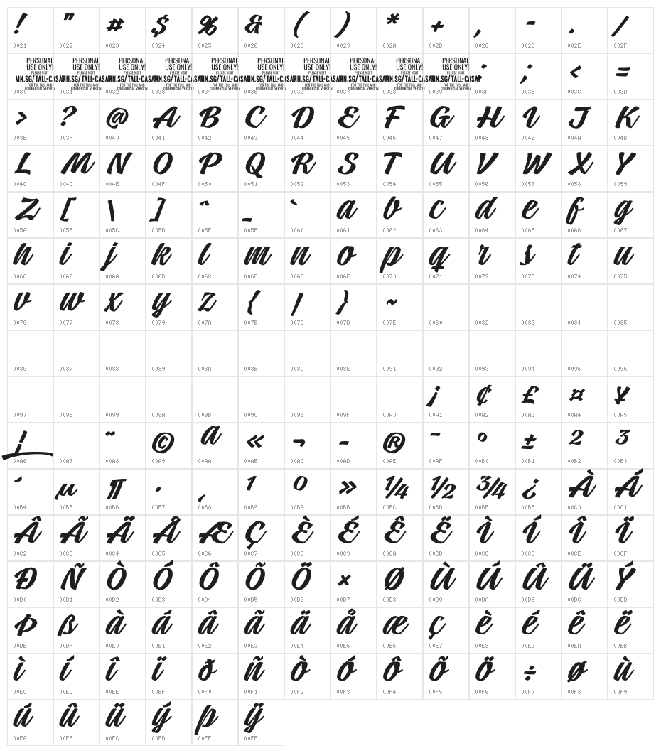 Tall Casat Med PERSONAL USE Character Map