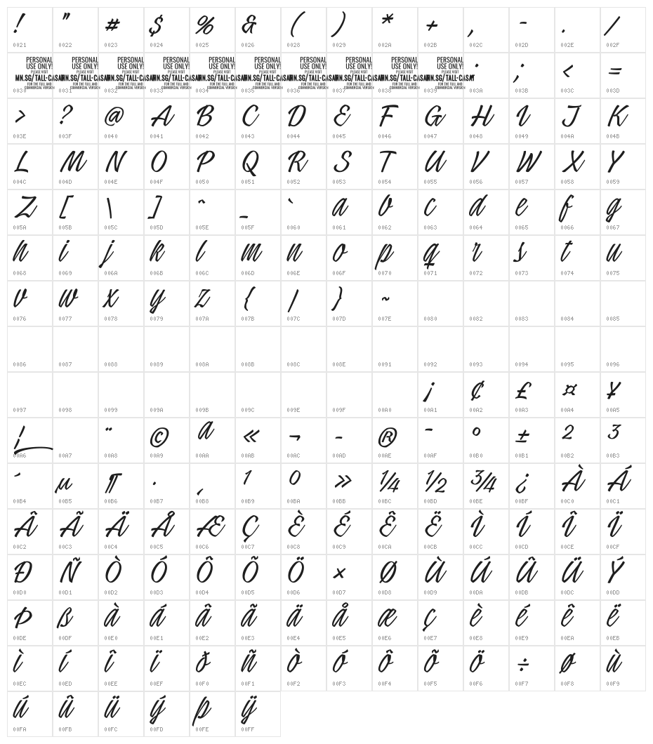 Tall Casat Thin PERSONAL USE Character Map