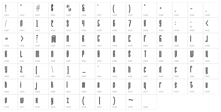 TallGrass Condensed Character Map