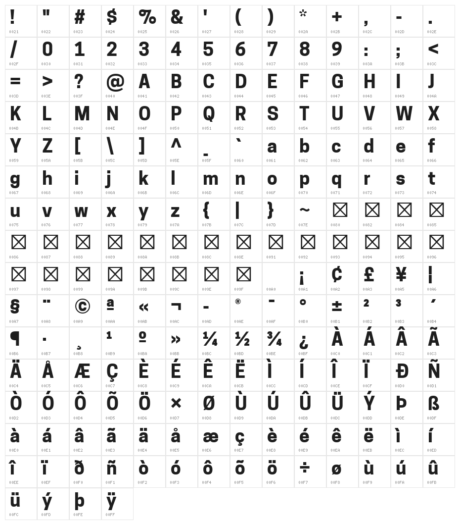 Tanohe Sans Bold Character Map