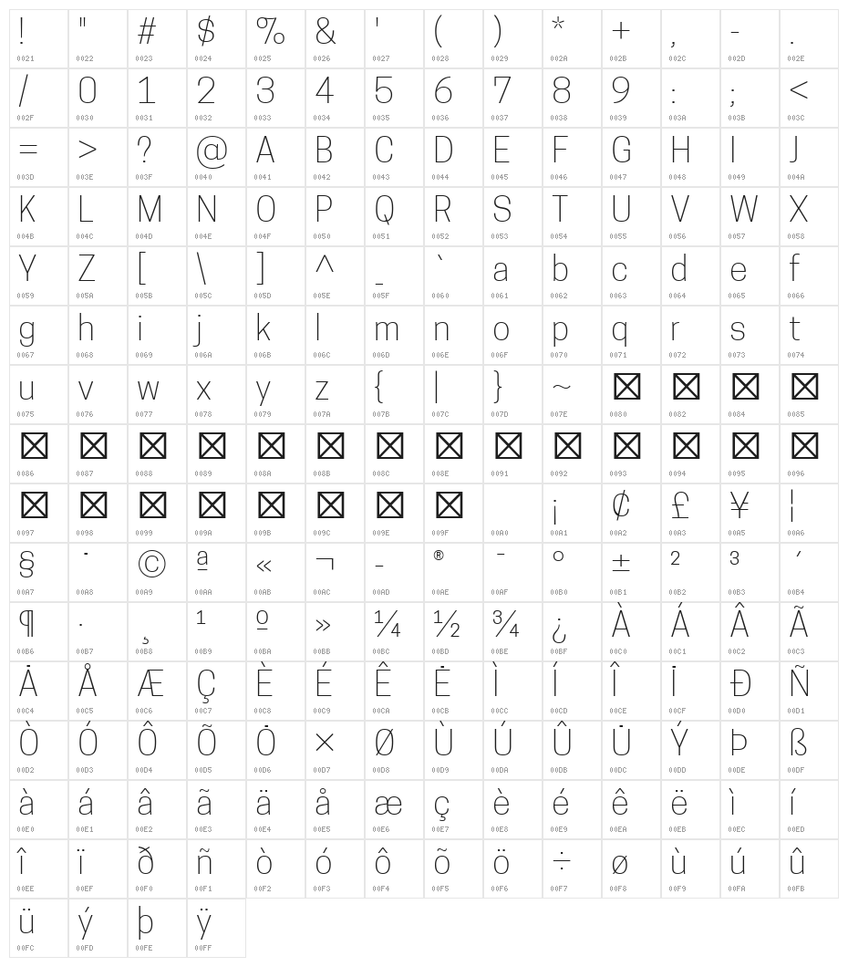 TanoheSans-ExtraLight Character Map