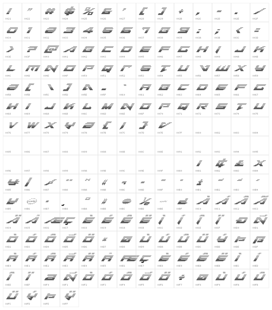 Tarrget Gradient Italic Character Map