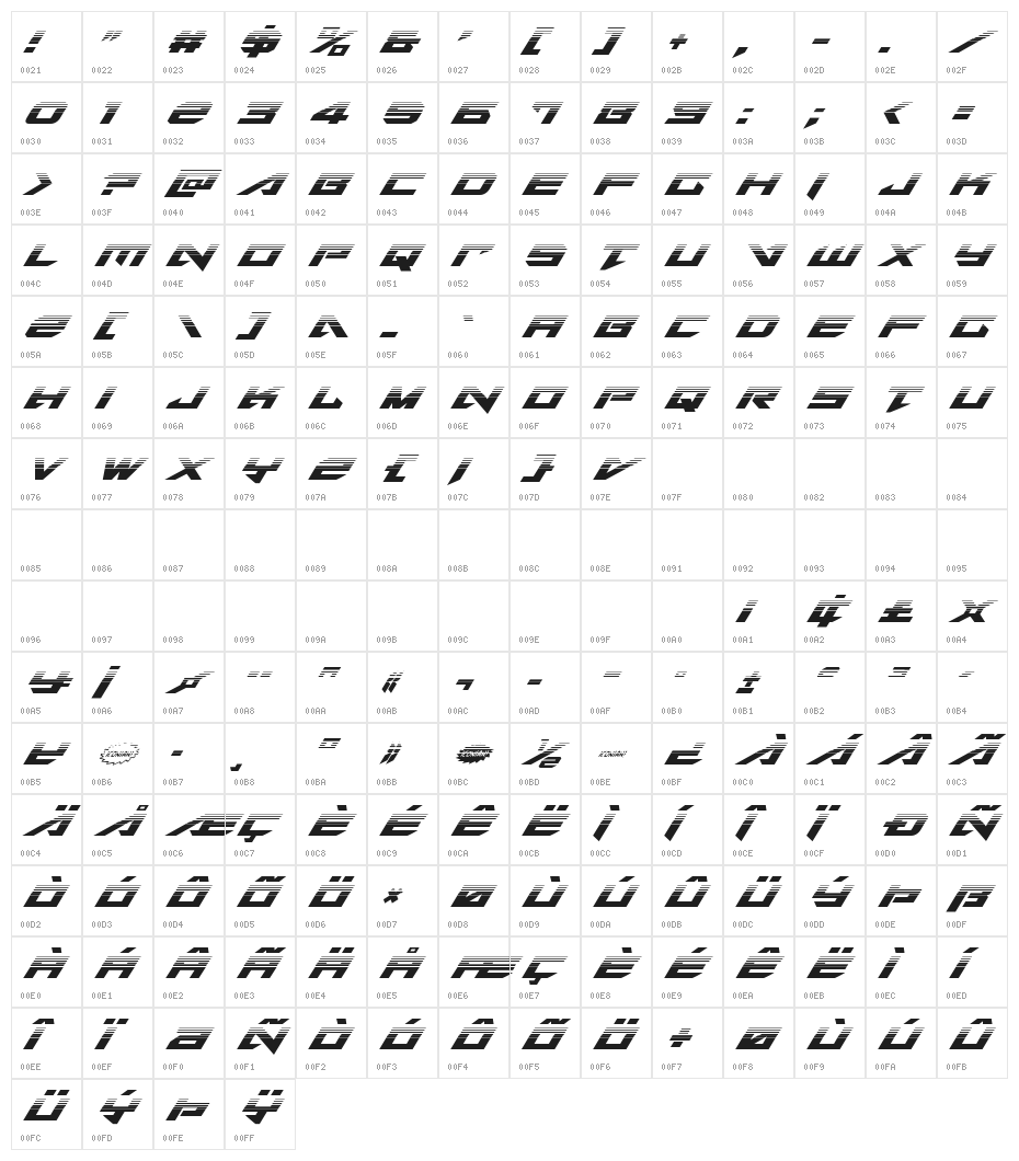 Tarrget Half-Tone Italic Character Map