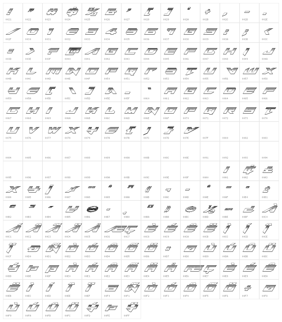 Tarrget Platinum Italic Character Map