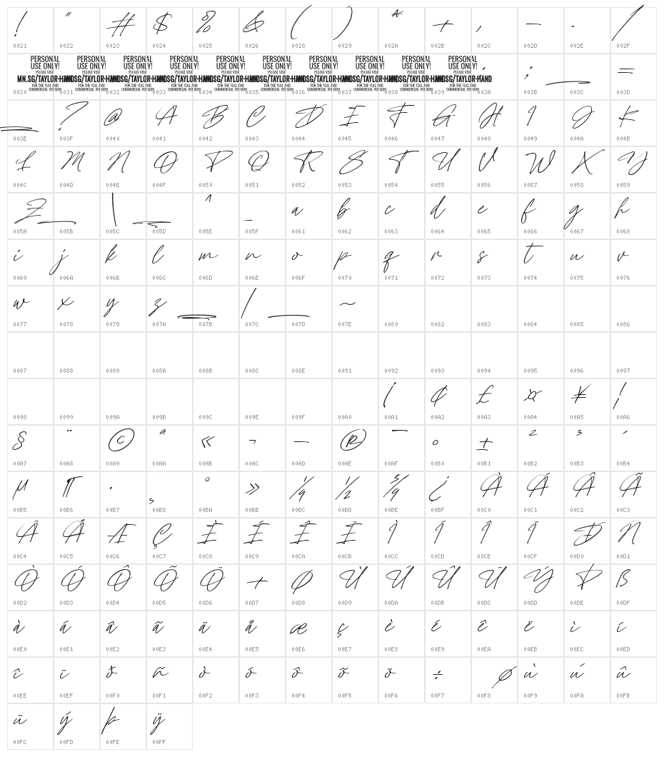Taylor Hand Italic PERSONAL USE Character Map