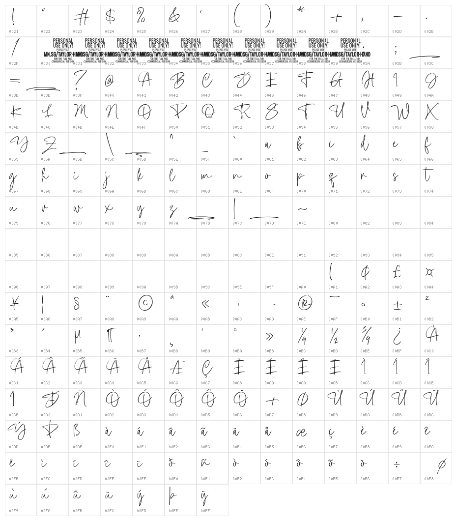 Taylor Hand PERSONAL USE Character Map
