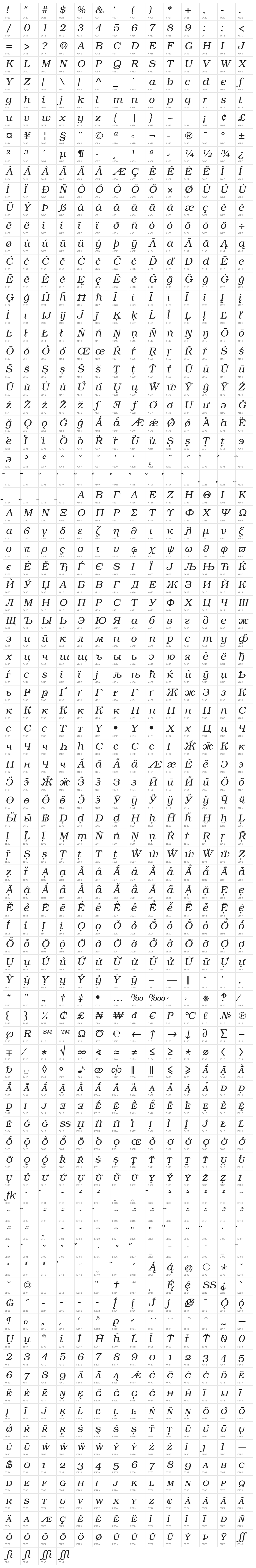 TeXGyreBonum-Italic Character Map