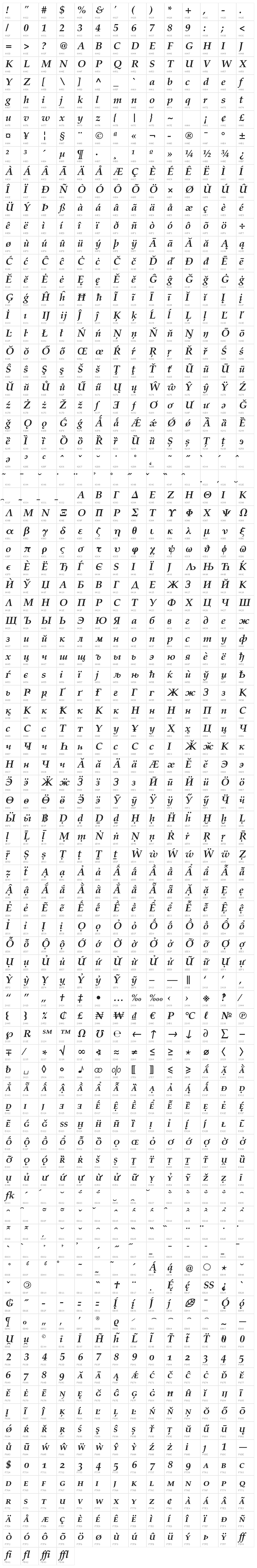 TeXGyrePagella-BoldItalic Character Map