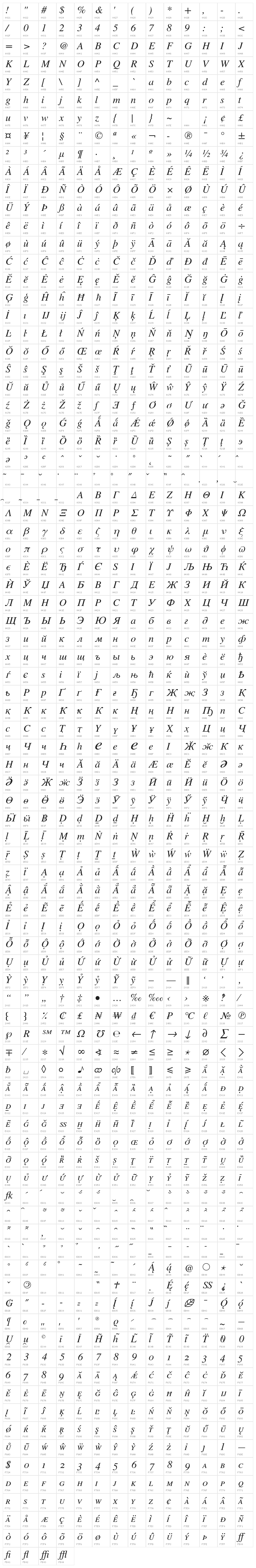 TeXGyreTermes-Italic Character Map