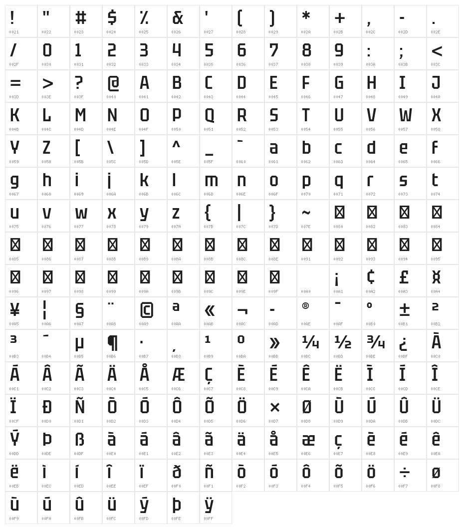 Tektur Narrow Medium Character Map
