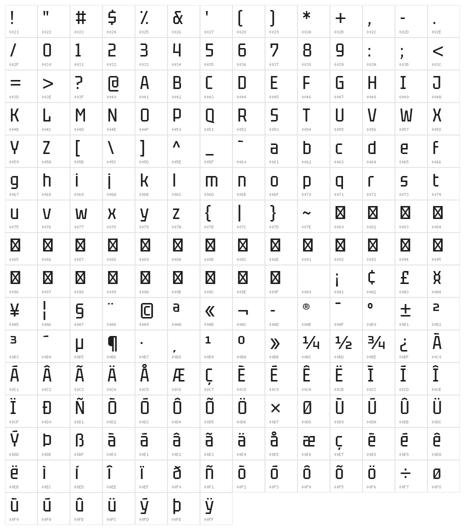 Tektur Narrow Regular Character Map