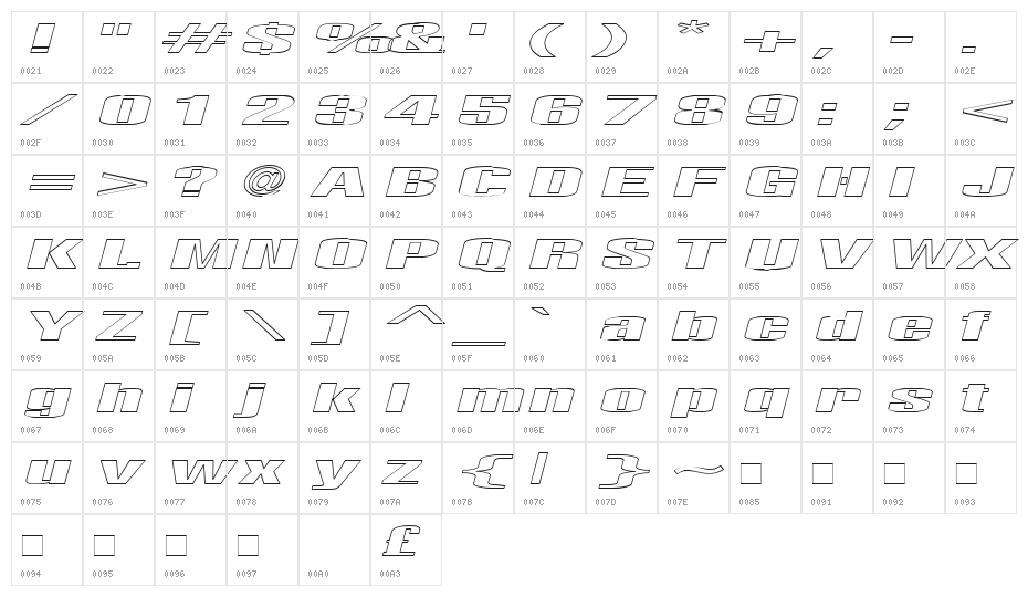 Telford Hollow Italic Character Map