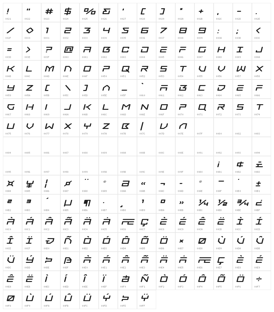 Tempest Apache Expanded Italic Character Map