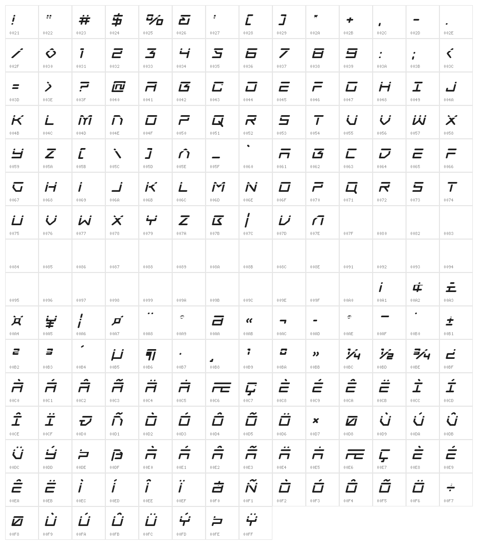 Tempest Apache Laser Italic Character Map