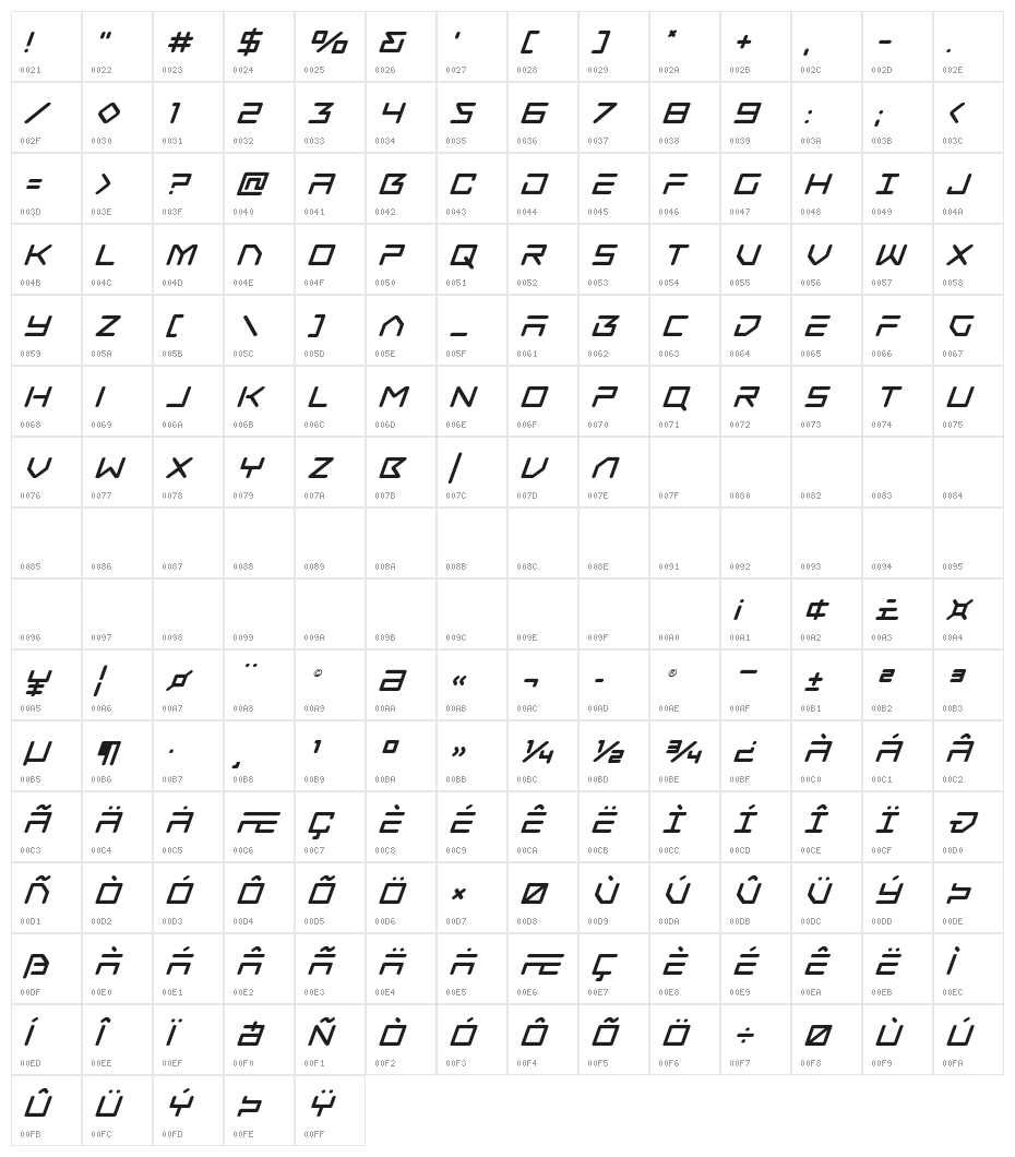 Tempest Apache Super-Italic Character Map