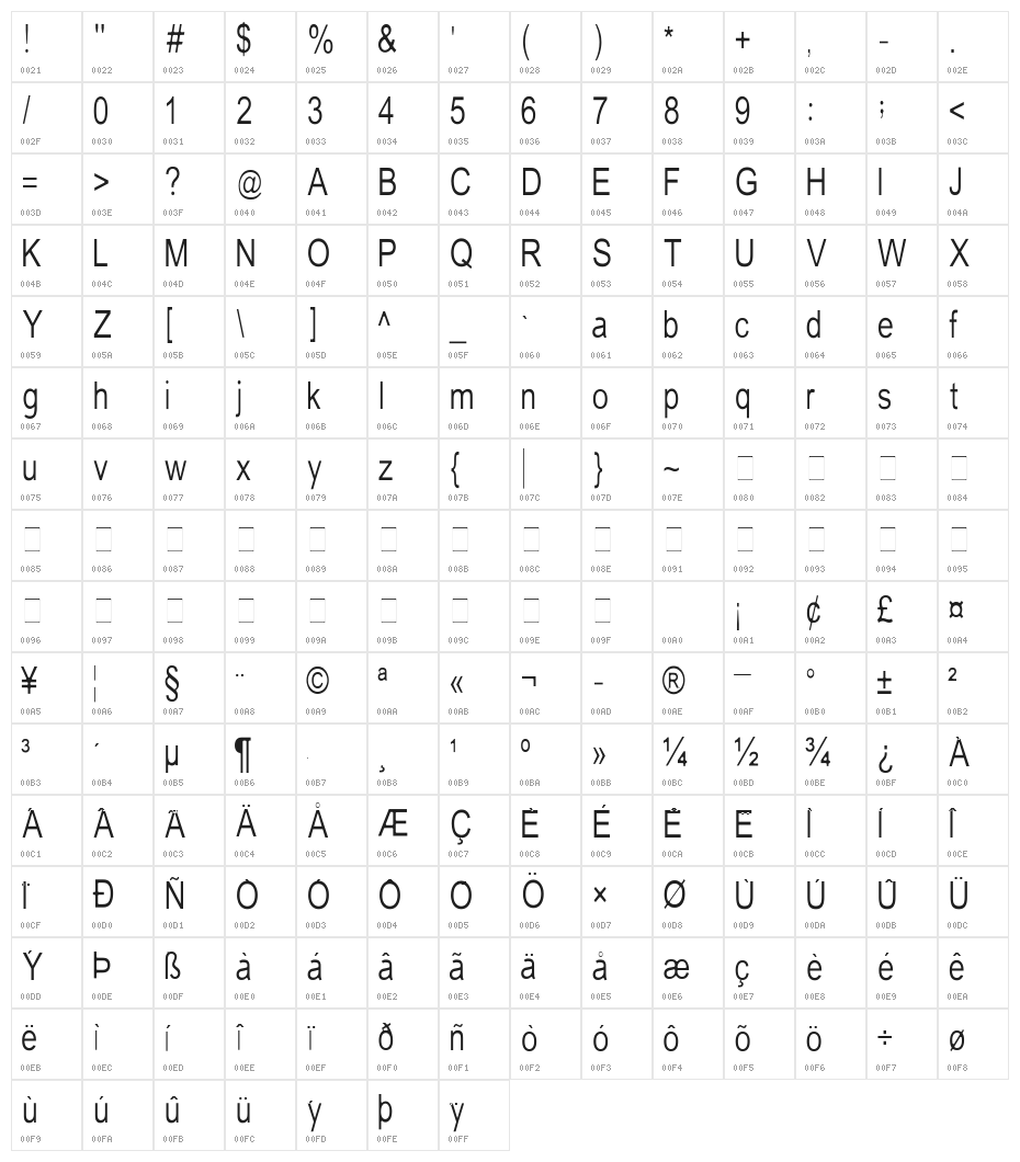 Tempest-narrow Character Map