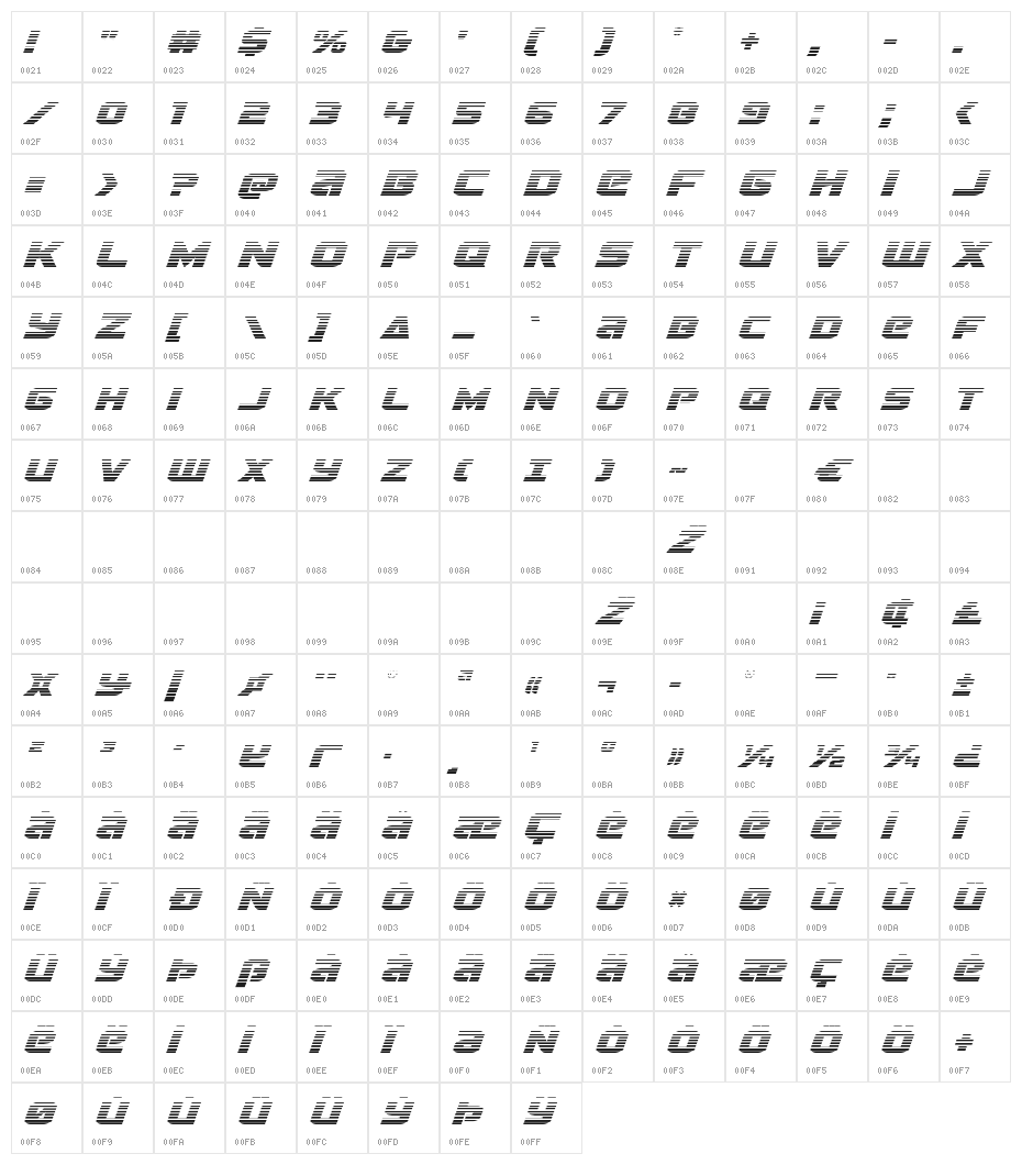 Terran Gradient Italic Character Map