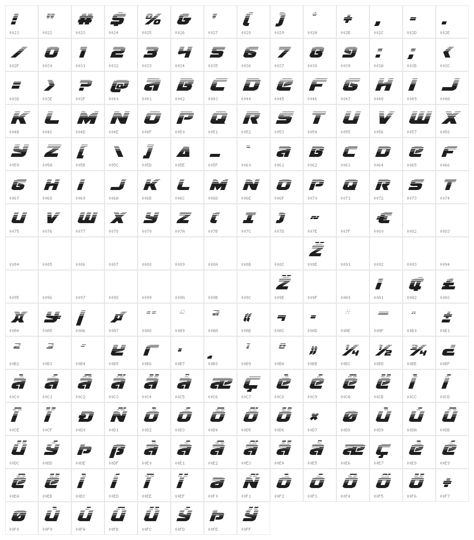 Terran Half-Tone Italic Character Map