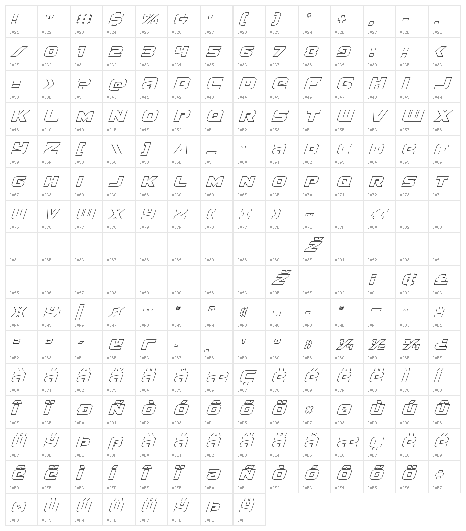 Terran Outline Italic Character Map
