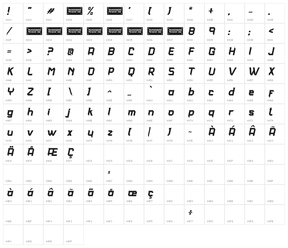 THUNDERBOSS - Personal Use Italic Character Map