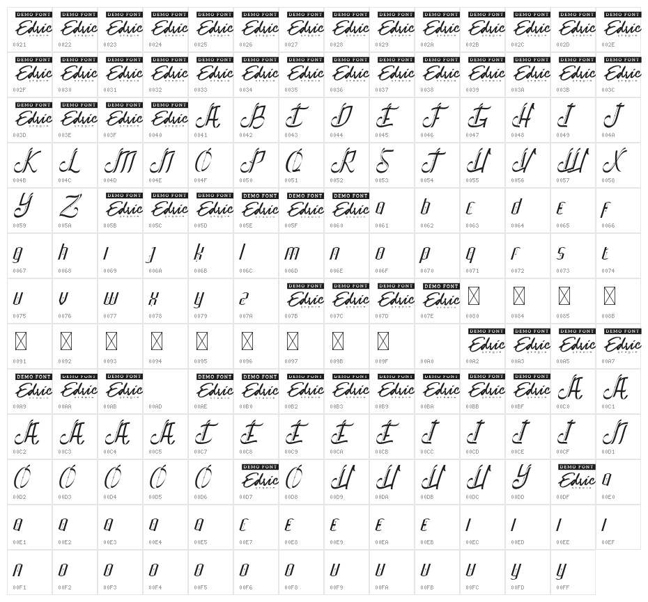 The Empire Demo Italic Character Map
