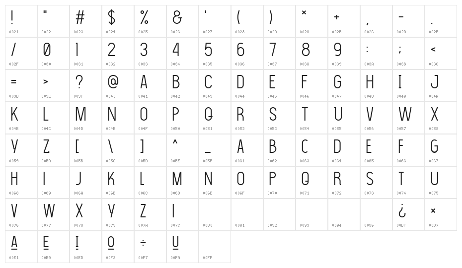 The Light Font Character Map