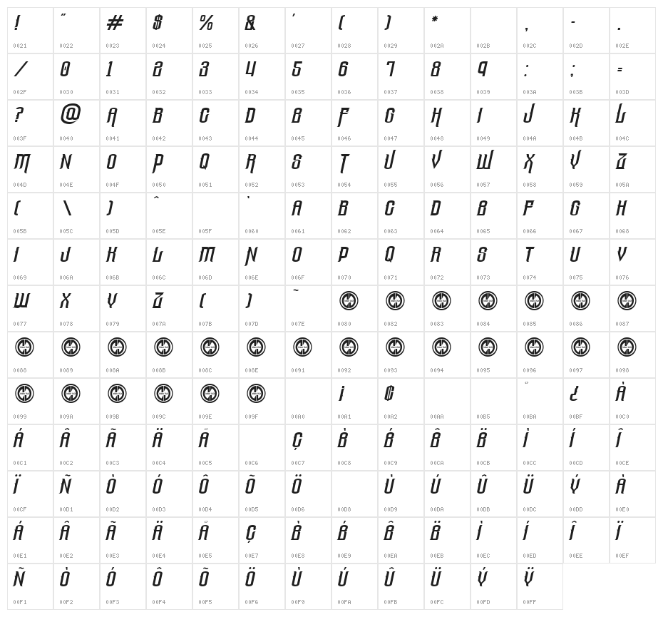 The Lost Canyon Italic Character Map